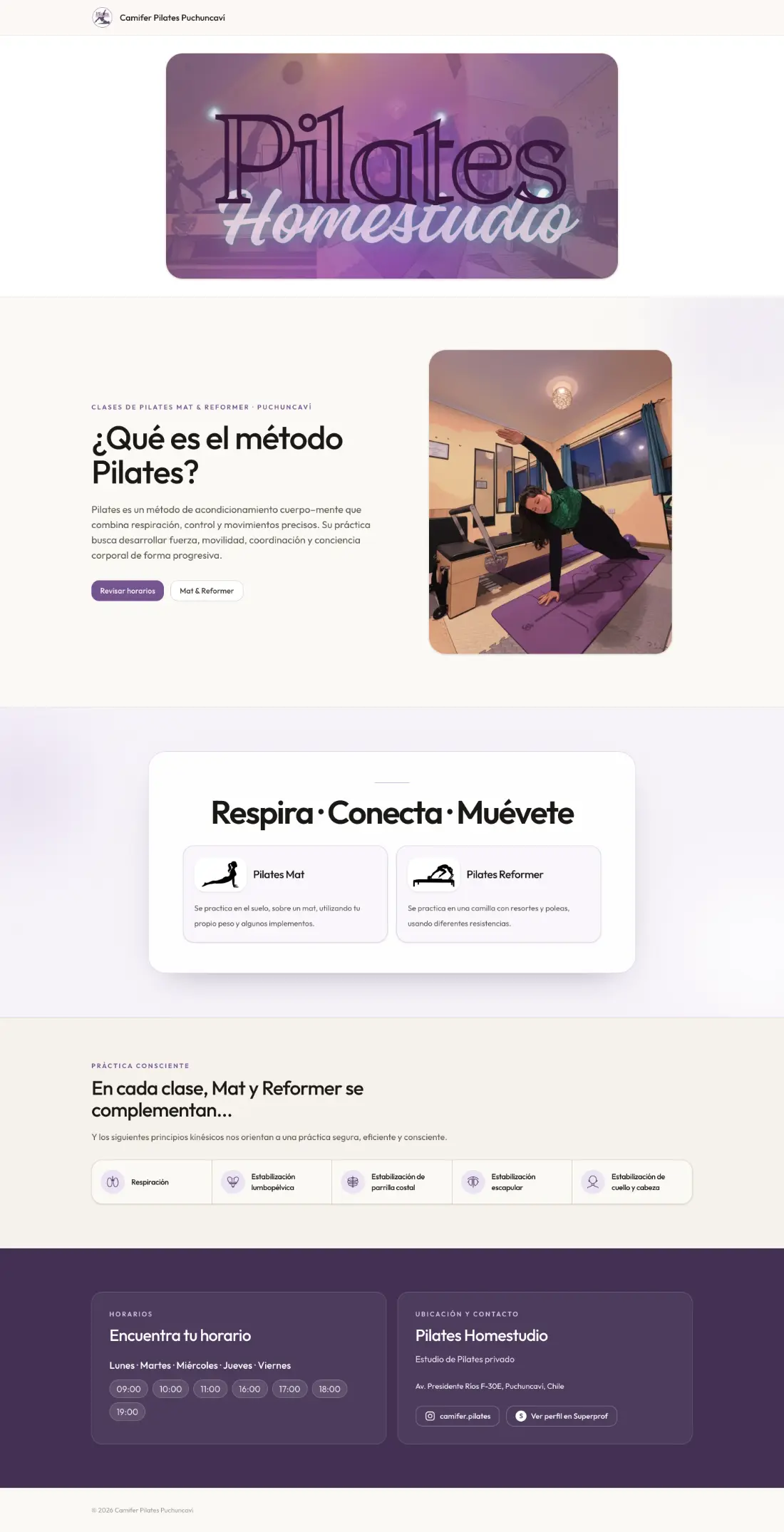 Sitio de Camifer Pilates Homestudio: portada, explicación del método Pilates, clases Mat y Reformer, principios y horarios.
